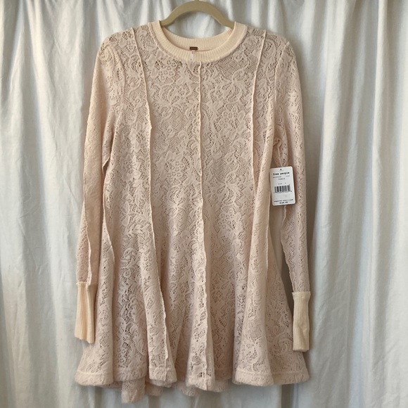 NWT Free People Lace crochet knit Coffee in the Morning Tunic, Chamoix, size S - Picture 3 of 10